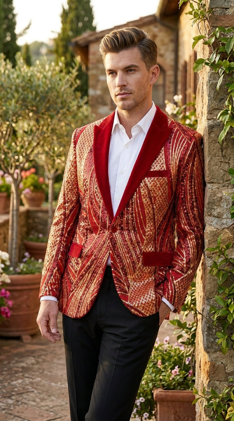 Men’s Red and Gold Sequin Christmas Holiday Blazer – Luxury Party Jacket for New Year, Wedding and Festive Events - 36 Short
