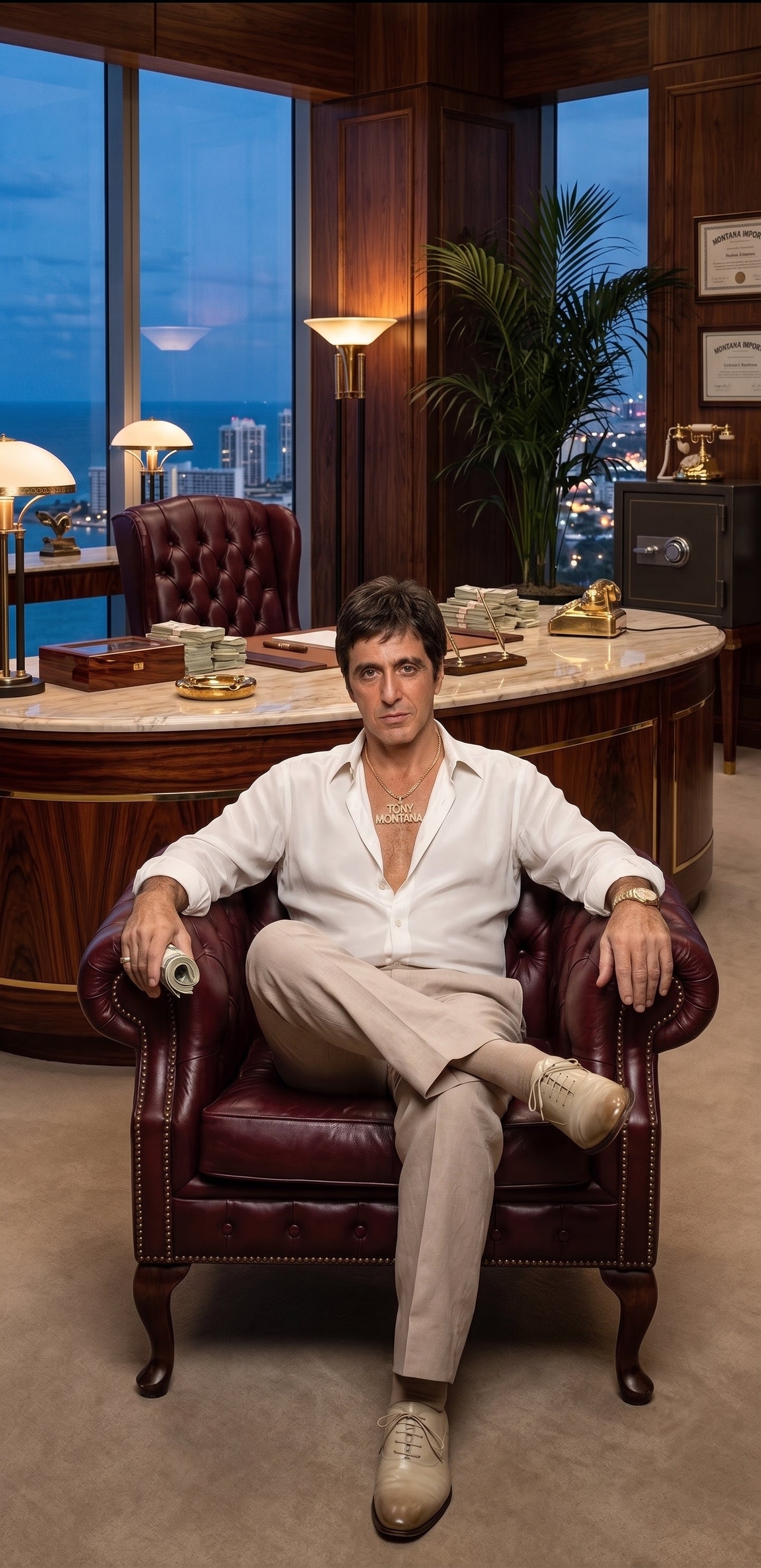 Tony Montana’s White Linen Shirt and Tan Pants – Men’s White Formal Shirt with Tan Trousers for Party, Wedding and Vintage Style Outfit - 15.5” Neck / 32-33” Sleeve