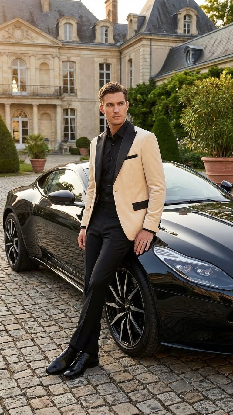 Men’s Ivory Dinner Jacket - Cream Velvet Blazer with Black Satin Lapel | Wedding and Party Formal Sport Coat in off white - S