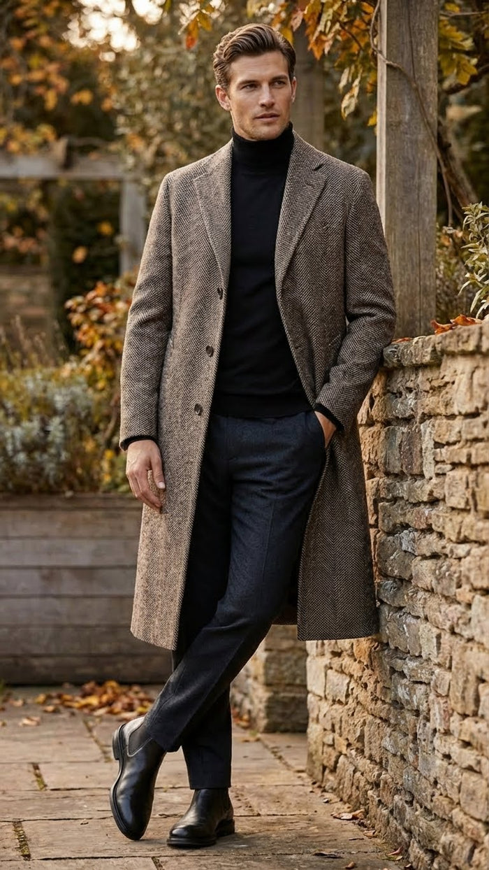 Mens Black & Grey  Herringbone Tweed Wool Blend Overcoat Classic Single-Breasted Winter Blazer Carcoat