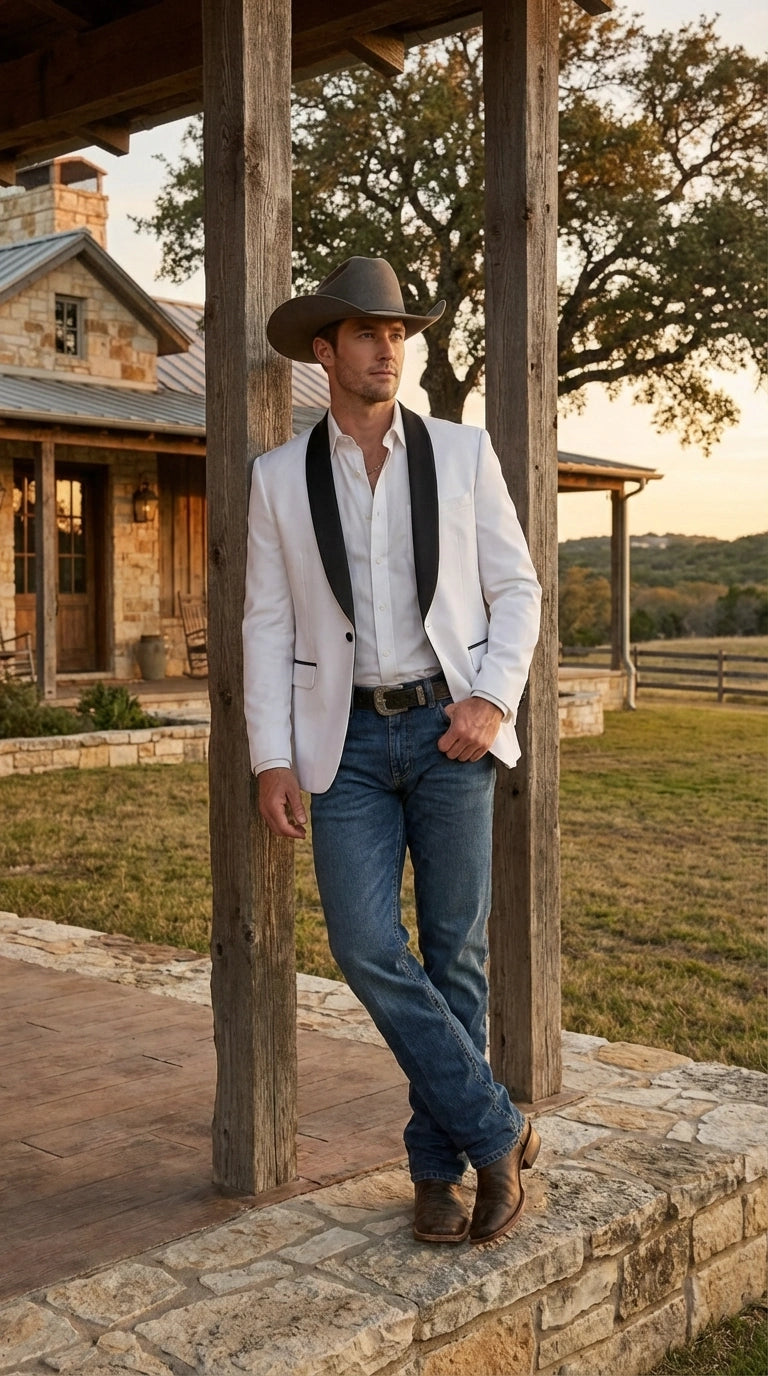 Men’s White Cowboy Blazer with Black Satin Lapel – Western Formal Tuxedo Style Jacket - 36 Short