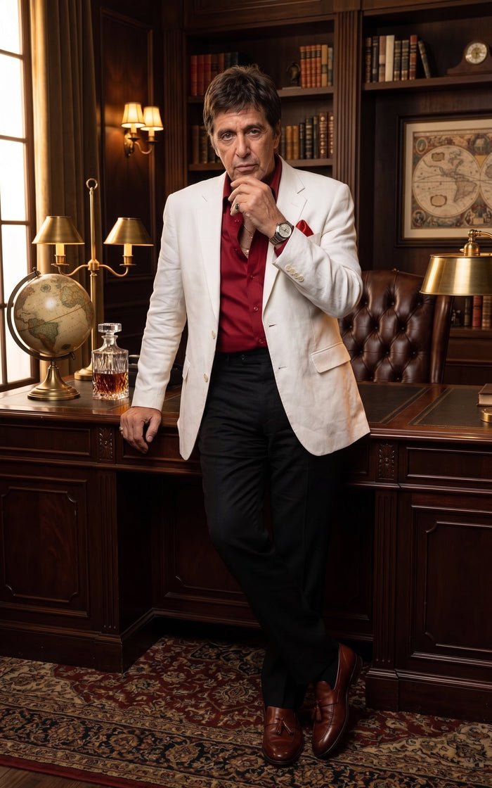 Tony Montana’s White Blazer Red Shirt Black Pants – Men’s White Blazer Outfit with Red Shirt and Black Trousers for Party, Wedding and Vintage Style Wear