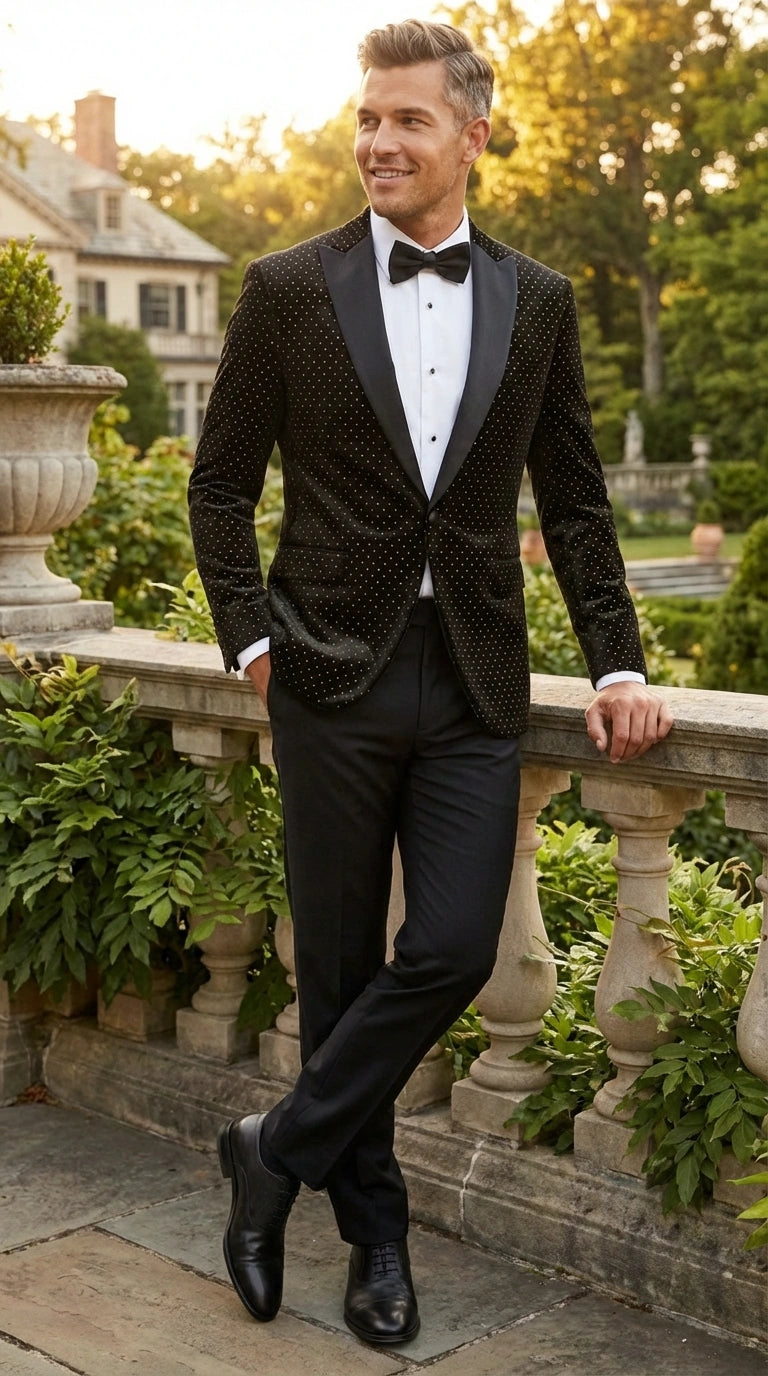 Men’s Black Velvet Dinner Jacket Blazer with Satin Lapel – Formal Evening Tuxedo Style Jacket Polk Dots Pattern + Free bowtie - 36 Short