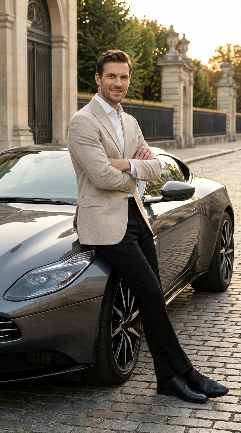 Zacchi Men’s Beige Hopsack Blazer – Classic Two Button Sport Coat with Peak Lapel Formal Jacket - 36 Short