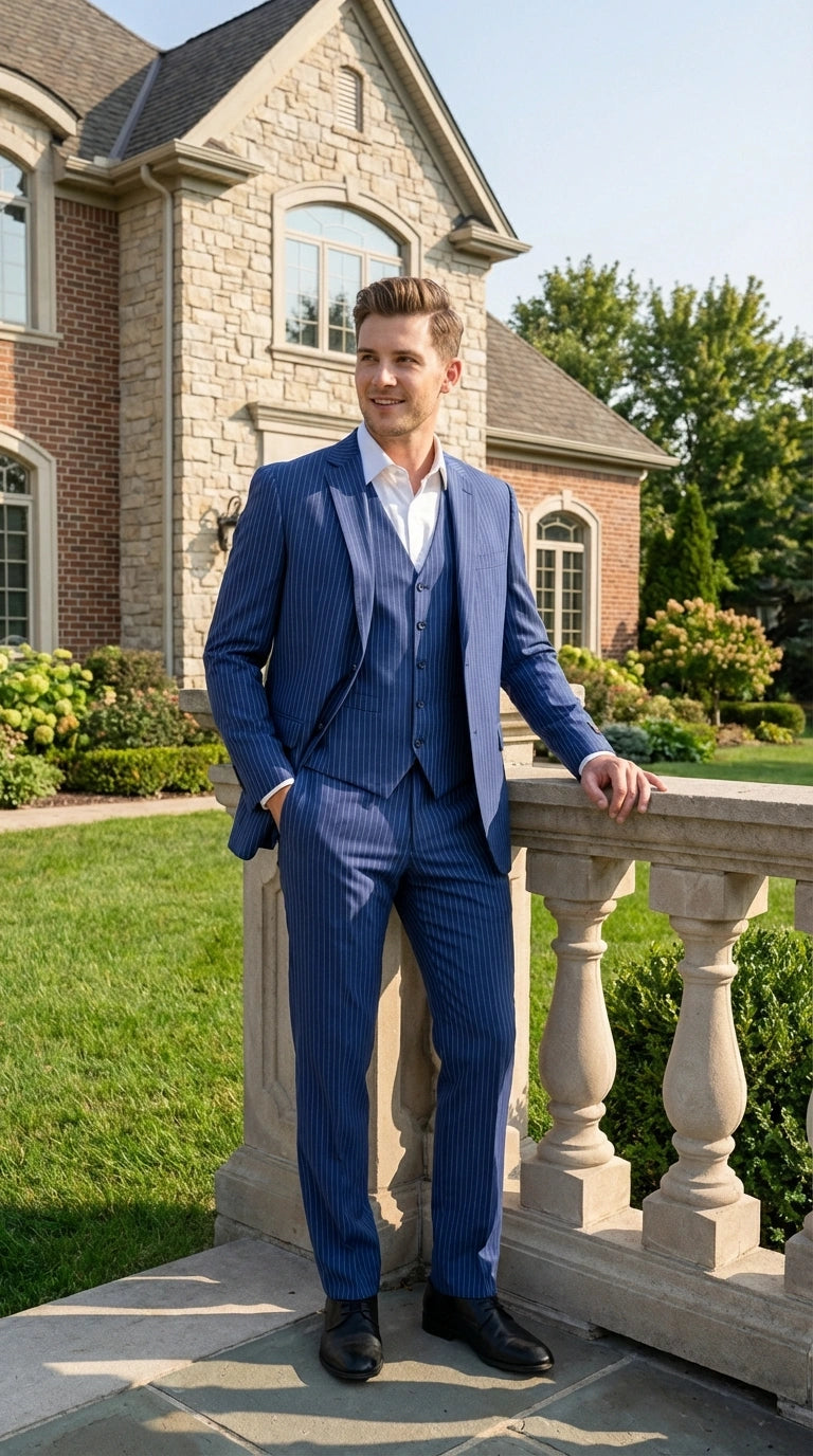 Men’s Royal Blue Pinstripe Three Piece Suit – Classic Formal 3PC Business and Wedding Suit Indigo Teal Saphire Pinstripe - 34 Short or Extra Small