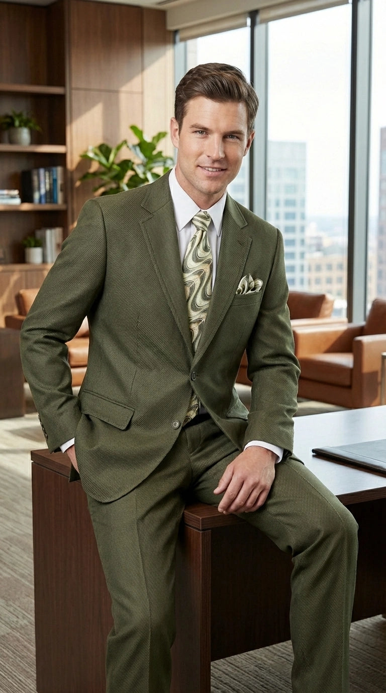 Men’s Olive Green Tuxedo With Trim Collar – Formal Wedding, Prom Suit Modern Fit - 36 Regular Jacket+30 Waist Adjustable 26to32)Height: 5'7"-6')(Neck: 14.5-16:S)