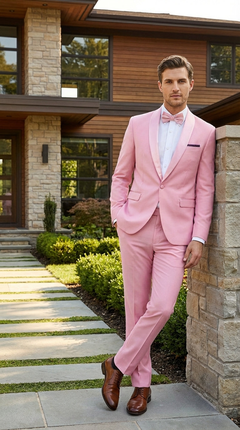 Mens Dusty Rose Pink Summer Tuxedo – Satin Shawl Lapel Formal Wedding Prom Suit - 34 Short or Extra Small