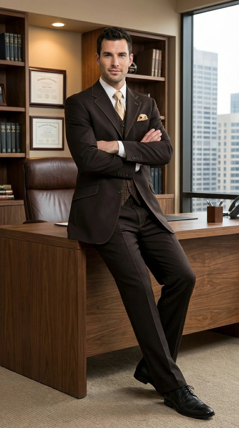 Men’s Dark choclate Brown Three Buttons 3 Piece Suit – Classic Brown 3PC Wedding, Church and Business Formal Suit for Men - 34 Short or Extra Small