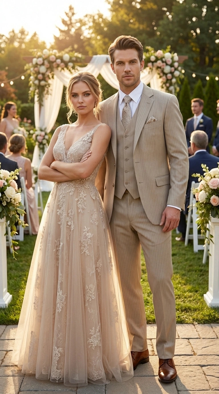 Men’s Tan Pinstripe Three Piece Suit – Classic Fit Pleated Pants  Tan Sand Beige Wedding, Church Shadow Ton on Tone  Business Suit for Men - 34 Short or Extra Small