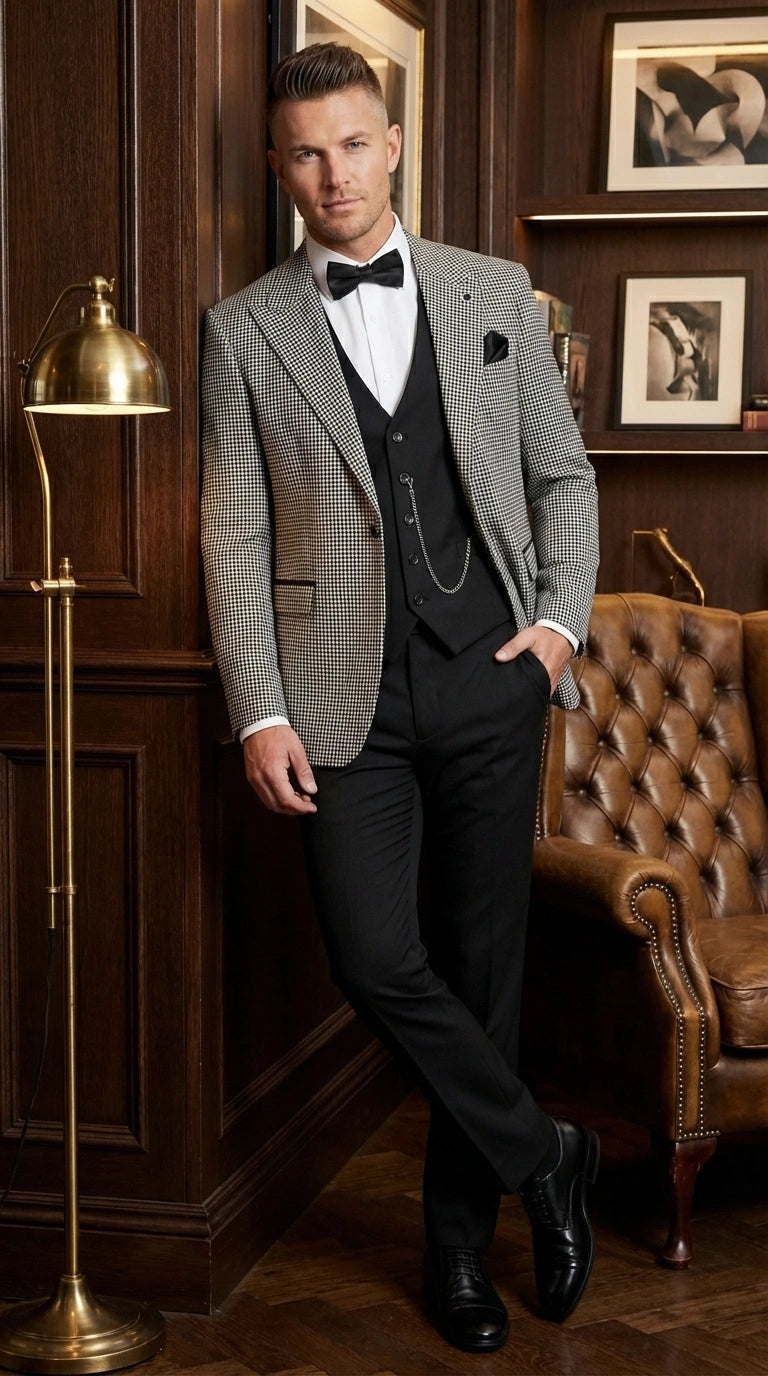 Men’s Black and White Houndstooth Gatsby Inspired Suit – Vintage Style Formal Suit for Wedding, Prom and Classic Events Blazer + Black vest + Black Pants - 34 Short or Extra Small