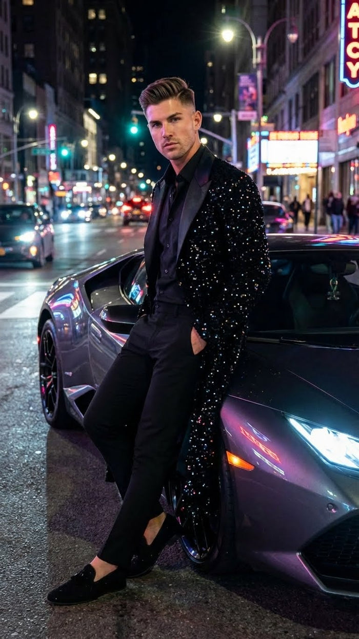 Mens Black Sequin Long Coat with Satin Shawl Lapel Luxury Statement Evening Overcoat