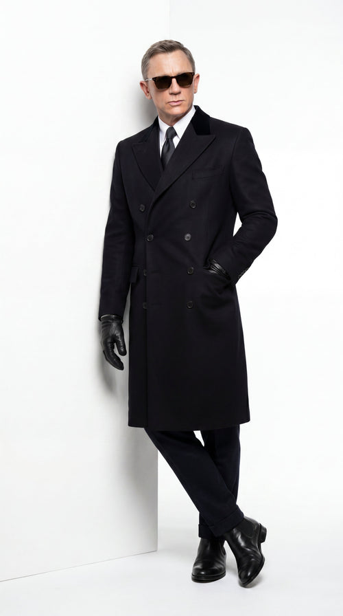 Men’s Black Double Breasted Overcoat, James Bond Inspired Long Formal Coat for Weddings, Business Events, Parties, and Winter Occasions