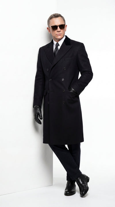 Men’s Black Double Breasted Overcoat, James Bond Inspired Long Formal Coat for Weddings, Business Events, Parties, and Winter Occasions
