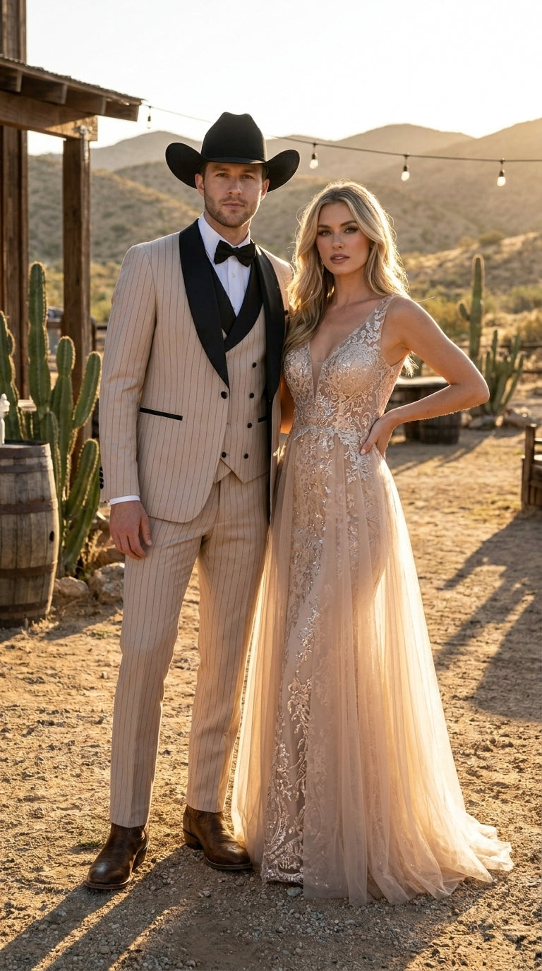 Men’s Beige Pinstripe Western 3 Piece Tuxedo Suit with Black Shawl Lapel, Formal Cowboy Wedding Prom Suit in Tan Khaki Color - 34 Short or Extra Small