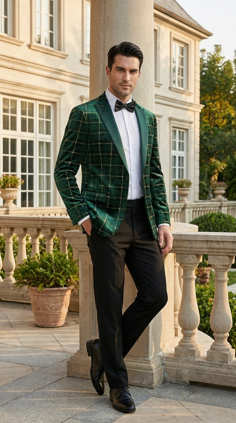 Men’s Green and Gold Plaid Christmas Holiday Blazer – Classic Check Party Jacket for New Year, Wedding and Festive New Year event - 36 Short