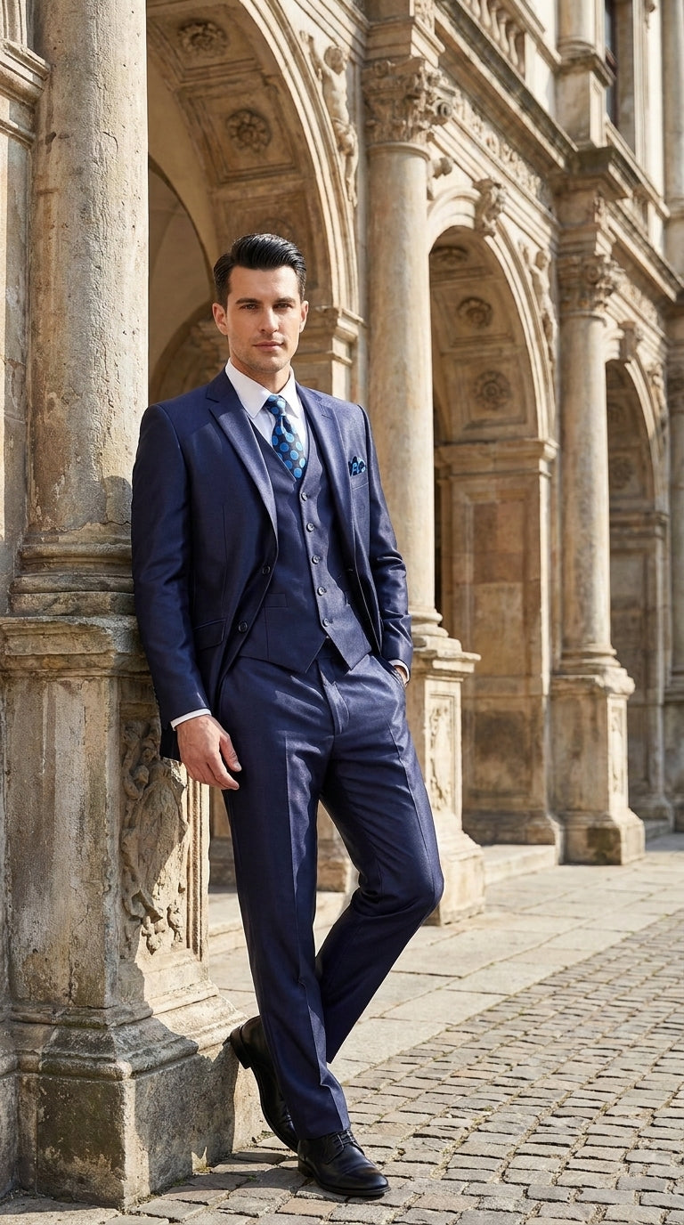 Men's Shiny Navy Blue Sateen 3-Piece Suit – Elegant Wedding, Prom Dress Suit with Matching Vest and Pants Slim Fitted
