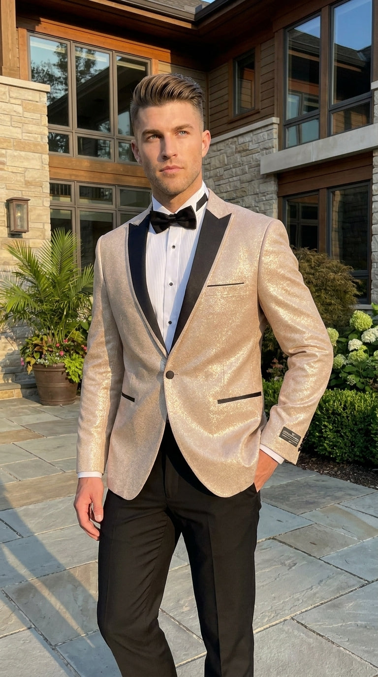 Men’s Gold Blazer with Black Lapel – Elegant Gold Formal Blazer Jacket for Wedding, Prom, Tuxedo in champagne Color - 36 Short