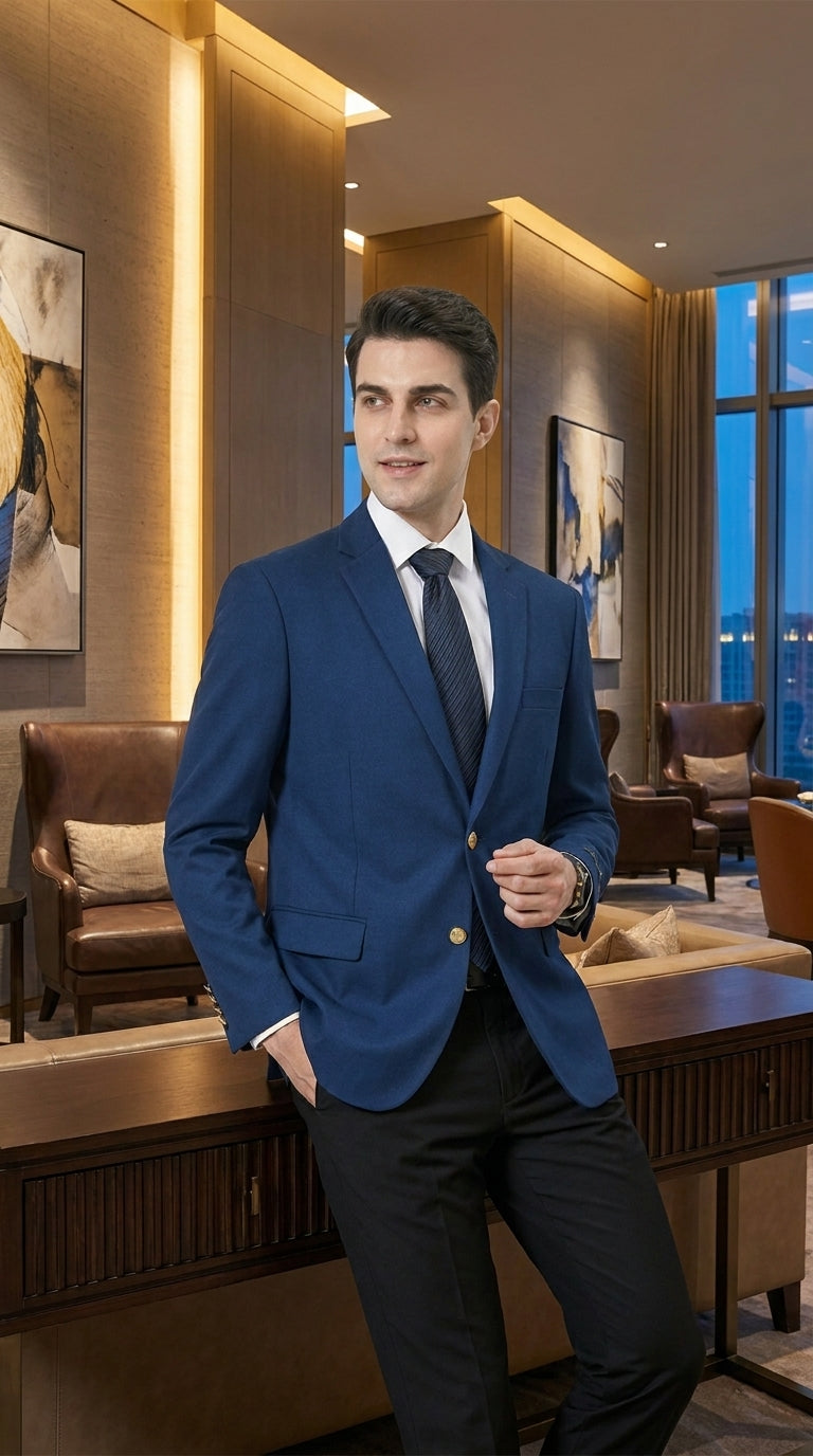 Men’s Sapphire Indigo Cobalt Blue Blazer with Gold Buttons – Classic Single Breasted Formal Business Jacket for Office, Wedding - 36 Short