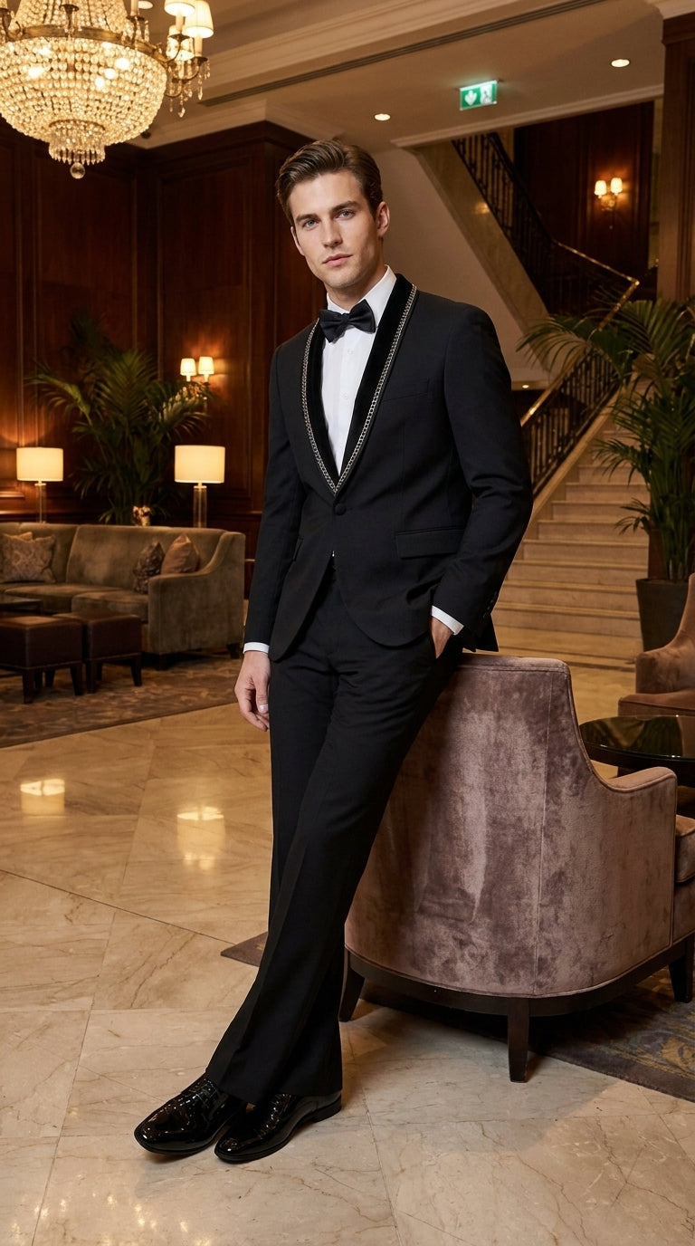 Men’s 1970s Style Black Boot Cut Tuxedo Suit – Shawl Lapel Wedding, Prom and Formal 2-Piece Suit - 34 Short or Extra Small