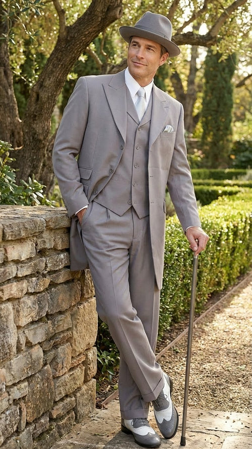 Mens Gray Zoot Suit with Matching Hat and 1920s Shoes | Grey Vintage Wedding and Party Three Piece Suit