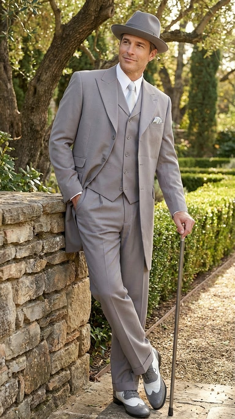 Menâ€™s Gray Zoot Suit with Matching Hat and 1920s Shoes | Grey Vintage Wedding and Party Three Piece Suit - Gray