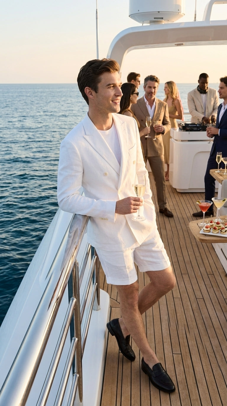 Men’s White Summer Suit with Shorts, 2 Piece Linen Style Wedding Beach Short Suit Set double breasted style - 34 Short or Extra Small