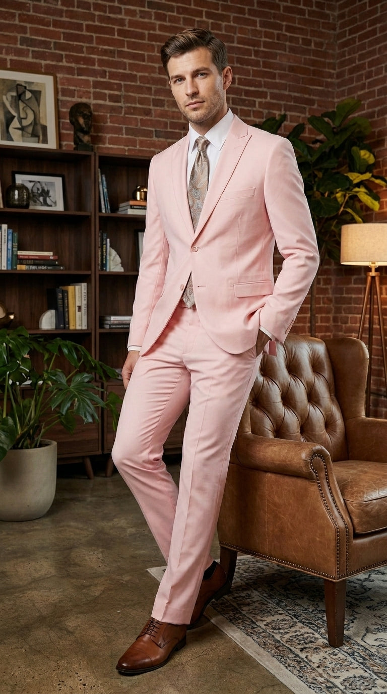 Men’s Light Pink 2 Piece Suit, Formal Dress Suit for Weddings, Prom, Parties, Summer Events Slim Fitted By Vitali - 34 Short or Extra Small