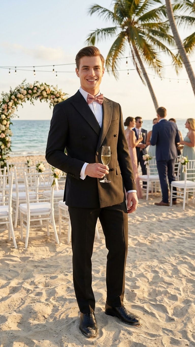 Tiglio Brand 100% Wool Super 150s Italian fabric Men’s Classic Black Double-Breasted Tuxedo with Satin Peak Lapel – Formal Wedding & Gala Suit Set - 34 Short or Extra Small