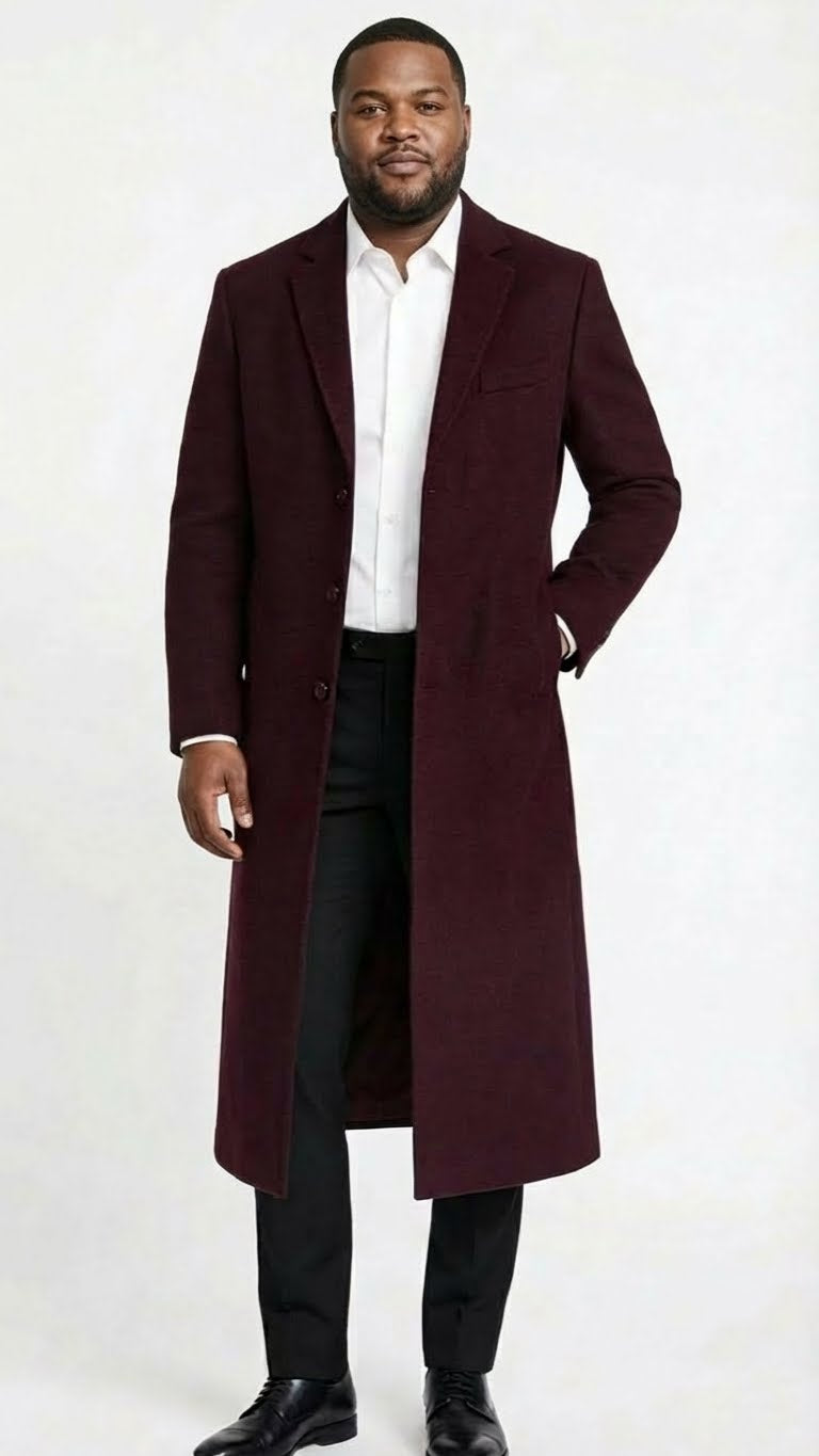 Men’s Burgundy Long Coat – Classic Fit Wool Blend Overcoat - Topcoat Full length - Coat Size 38