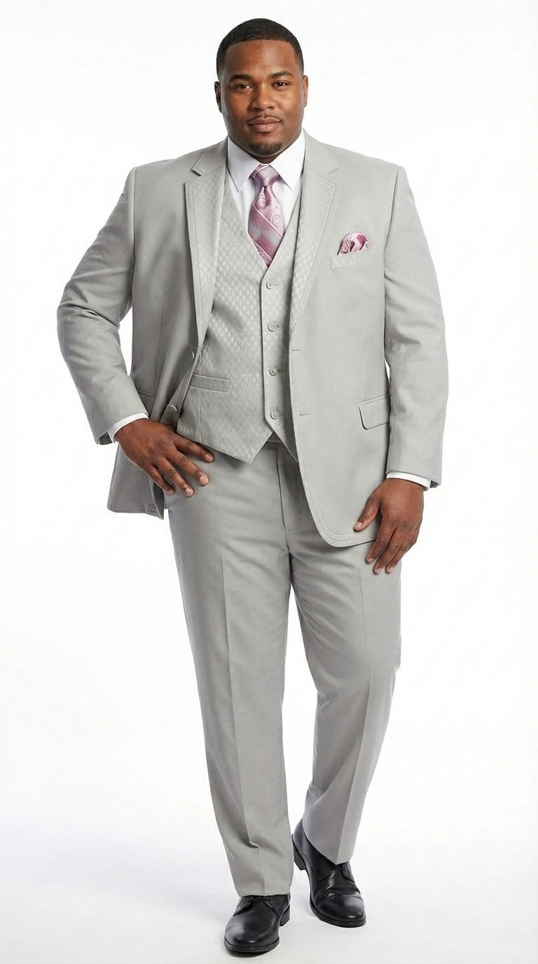 Men’s Light Gray 3 Piece Suit – Ice Silver Gray Formal Suit Set with Vest, Patterned Lapel and Tie for Wedding, Prom and Business Events - 34 Short or Extra Small