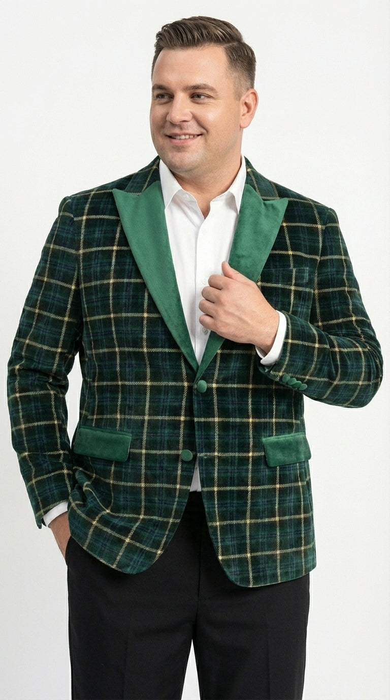 Mens Tartan Green and Gold Check Blazer – Windowpane Plaid Sport Coat Velvet Lapel Plaid Christmas Holiday New Year Jacket - 36 Short