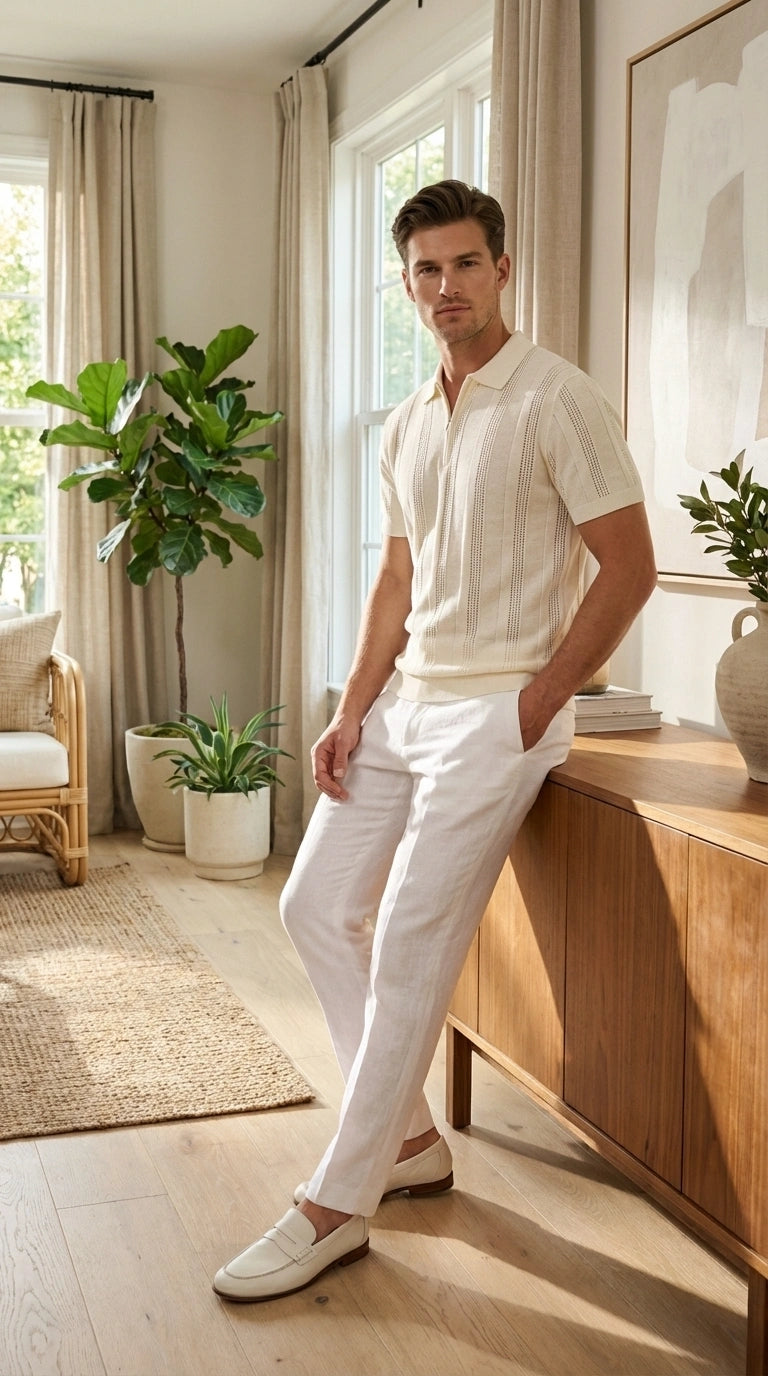 Mens Cream Ivory Off White Knit Walking Suit Set – Lightweight Short Sleeve Shirt and Pants Outfit for Summer, Vacation and Casual Wear - S