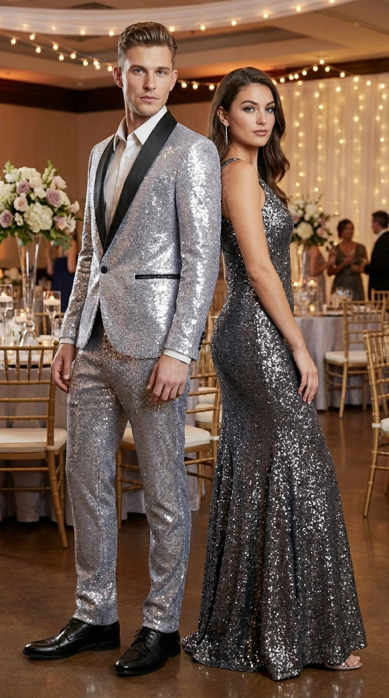 Mens Silver Grey Sequin Tuxedo Suit – Shiny Wedding Suit Set with Black Lapel for Prom, Party, Gala and Formal Evening Wear - 34 Short or Extra Small