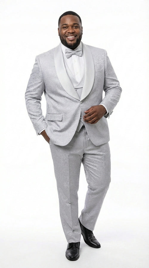 Mens Light Silver Wedding Tuxedo Suit – Paisley Fabric Three Piece Formal Suit Set with Shawl Lapel for Groom, Prom, Gala and ice Grey