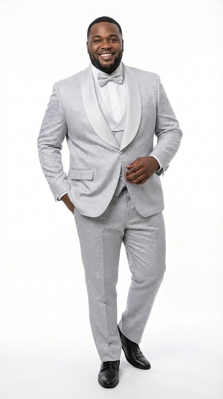 Mens Light Silver Wedding Tuxedo Suit – Paisley Fabric Three Piece Formal Suit Set with Shawl Lapel for Groom, Prom, Gala and ice Grey - 34 Short or Extra Small