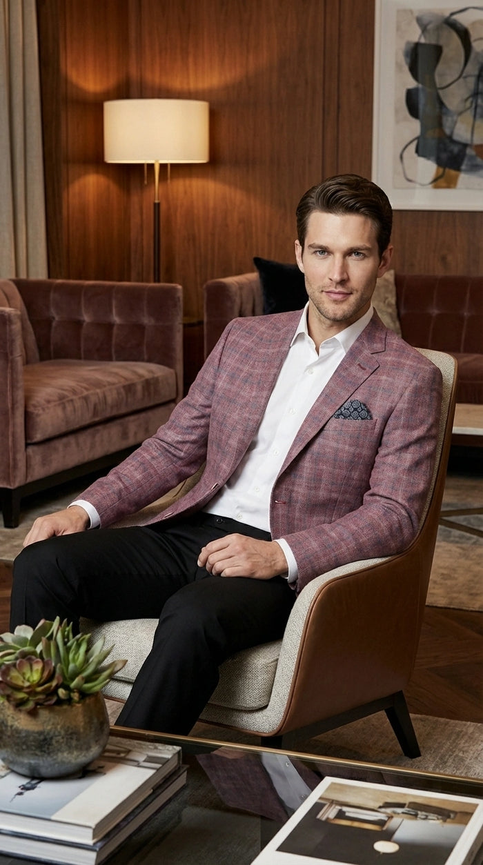 Mens Dusty Rose Mauve Pink with Tint of Blue Plaid Sport Coat Blazer – Classic Check Pattern Casual Blazer Jacket for Business Casual, Wedding
