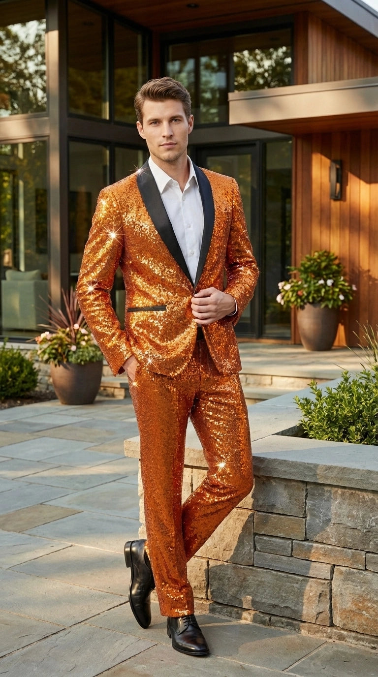 Mens Orange Sequin Tuxedo Suit – Shiny Wedding Suit Set with Black Lapel for Prom, Party, Gala and Formal Evening Wear - Goldish Orange - 34 Short or Extra Small