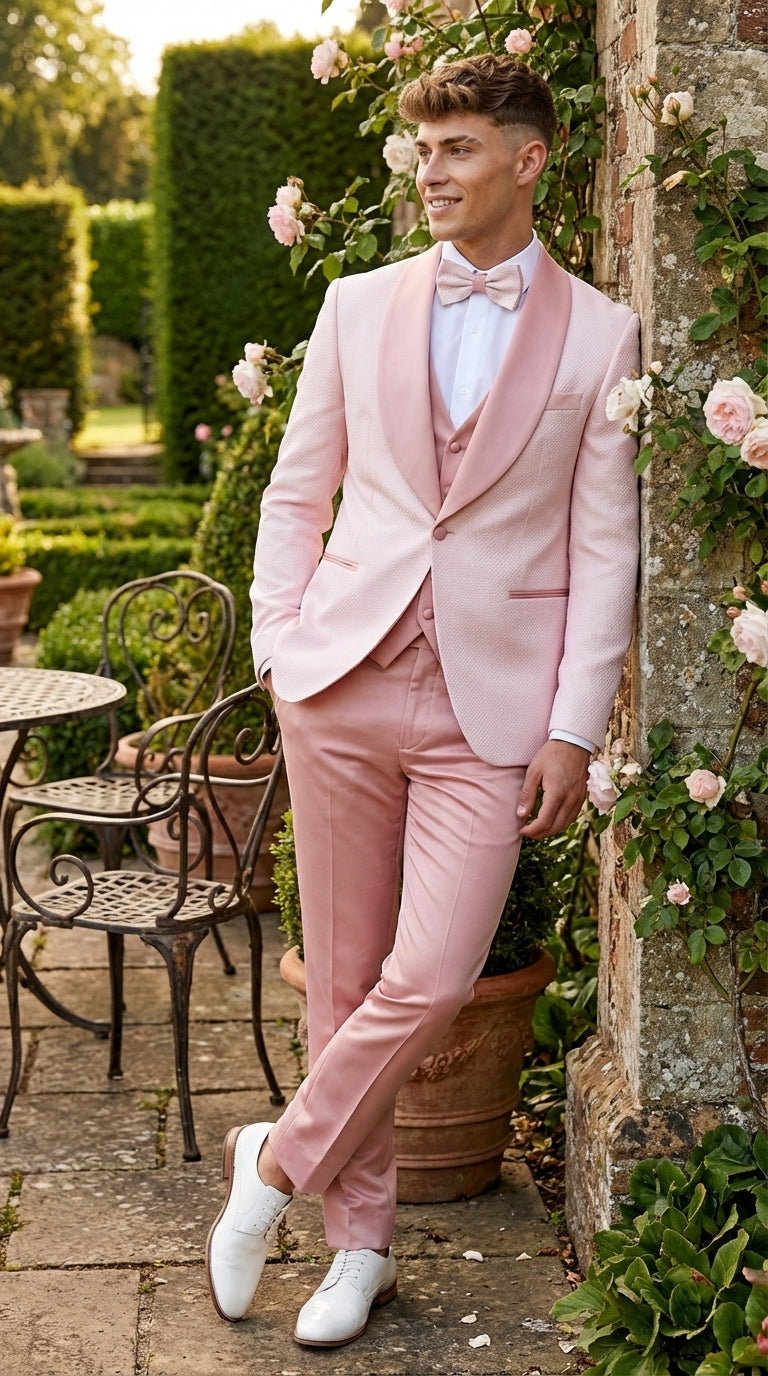 Men’s Cream and Rose Pink Prom Suit – Cream Tuxedo Jacket with Rose Pink Pants and Shawl Lapel Formal Suit for Prom and Wedding - 34 Short or Extra Small