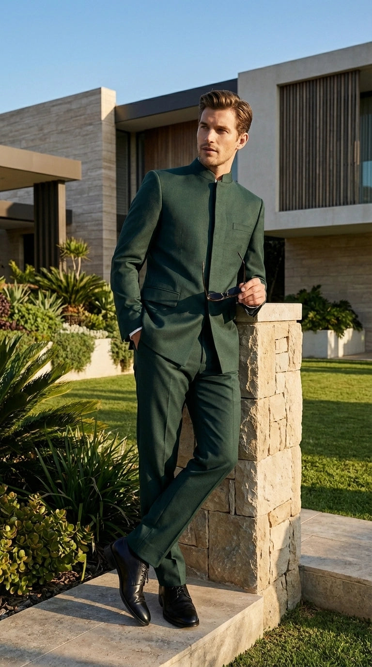 Men’s Olive Green Tuxedo Mandarin Collar Suit – Modern Nehru Style Formal Suit for Wedding Banded Collar - 34 Short or Extra Small