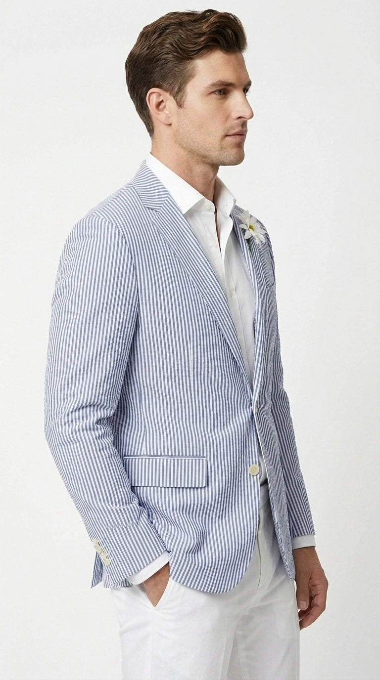 Mens Blue Seersucker Blazer – Lightweight Striped Summer Sport Coat Casual Smart Formal Jacket - 36 Short