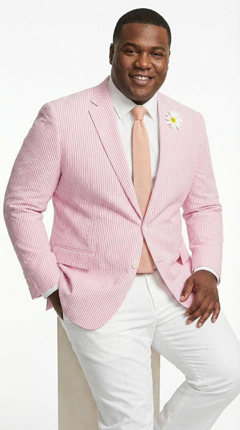 Mens Pink Seersucker Blazer – Lightweight Striped Summer Sport Coat Casual Smart Formal Jacket - 36 Short