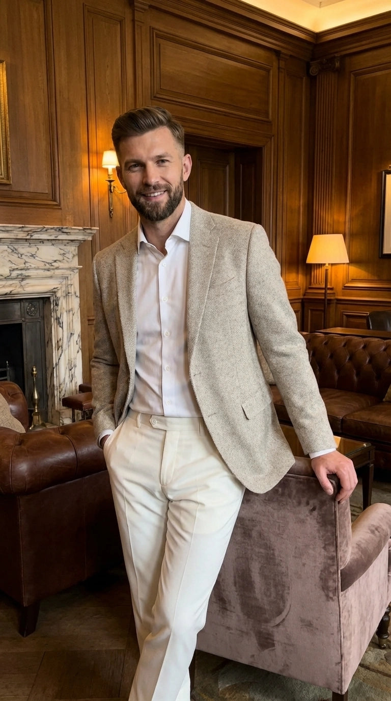 Men’s Light Tan Tweed Blazer – Classic Herringbone Sport Coat, Beige Casual Formal Jacket, Vintage Style Business & Smart Casual Wear - 36 Short