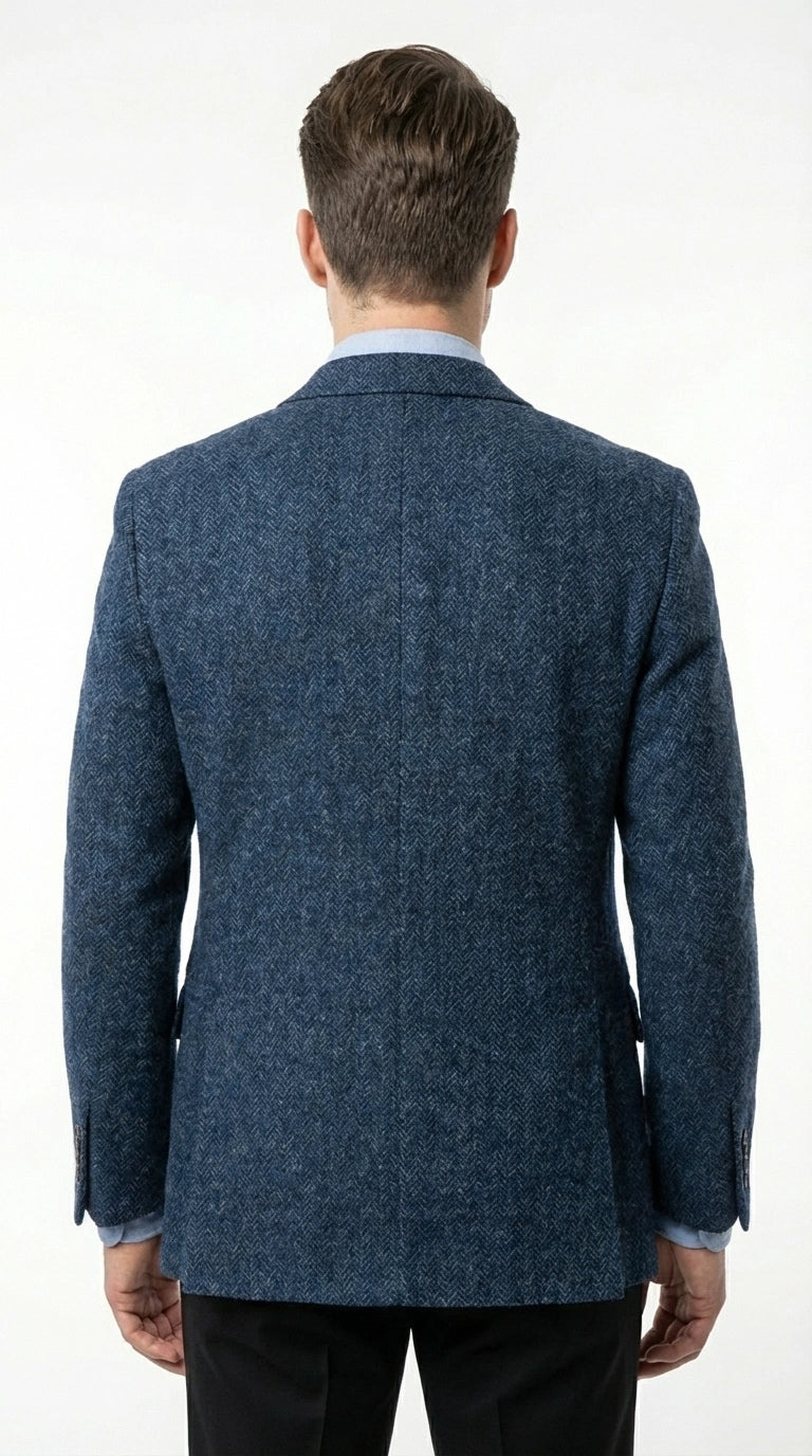 Mens Light Blue Tweed Blazer Sport Coat – Classic Herringbone Jacket Formal Business Casual Smart Outerwear in indigo cobalt blue - 36 Short