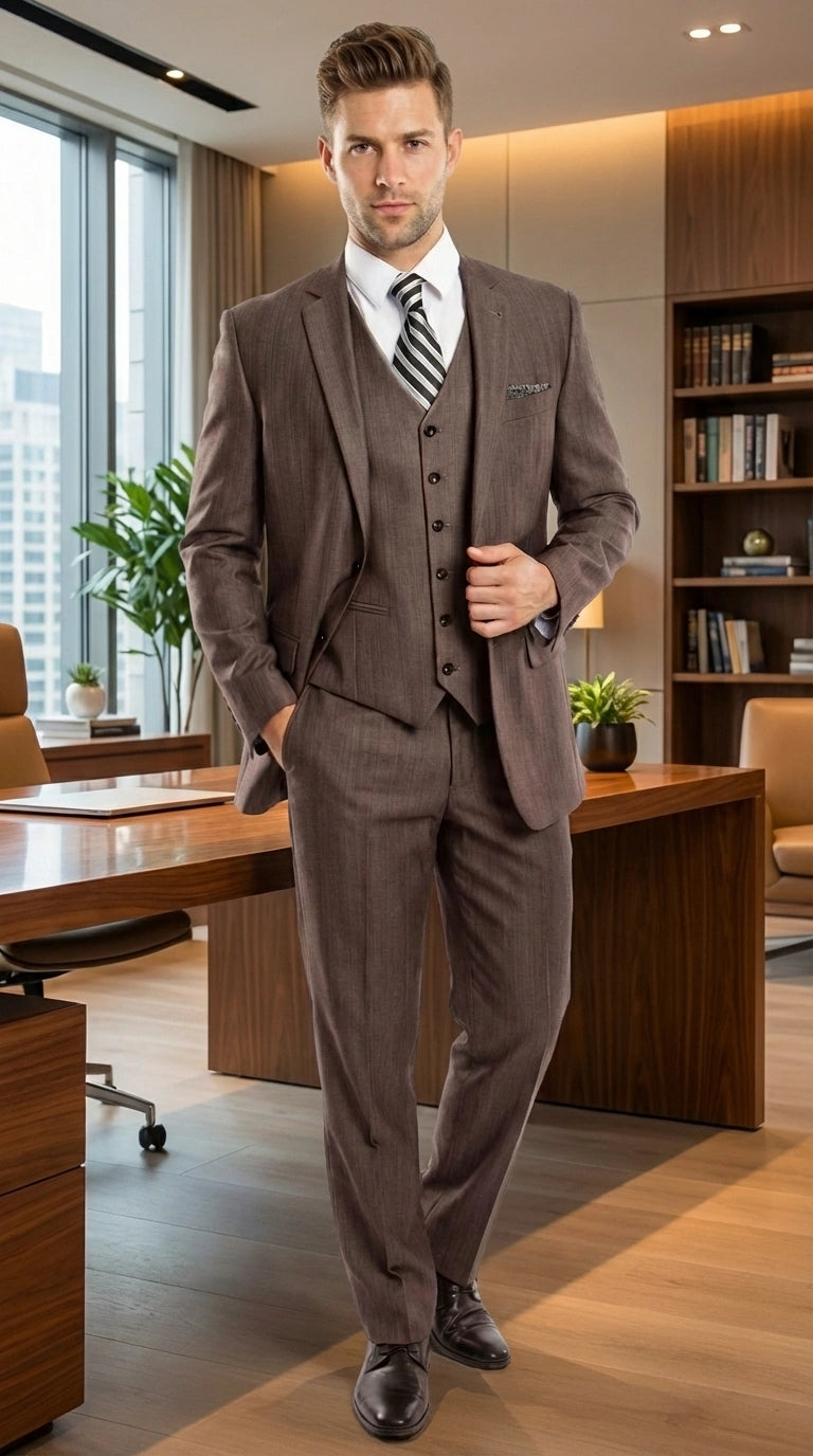 Men’s Brown Sharkskin 3 Piece Suit – Textured Two Button Vested Business Formal Suit for Wedding, Party Wear Vested - 34 Short or Extra Small