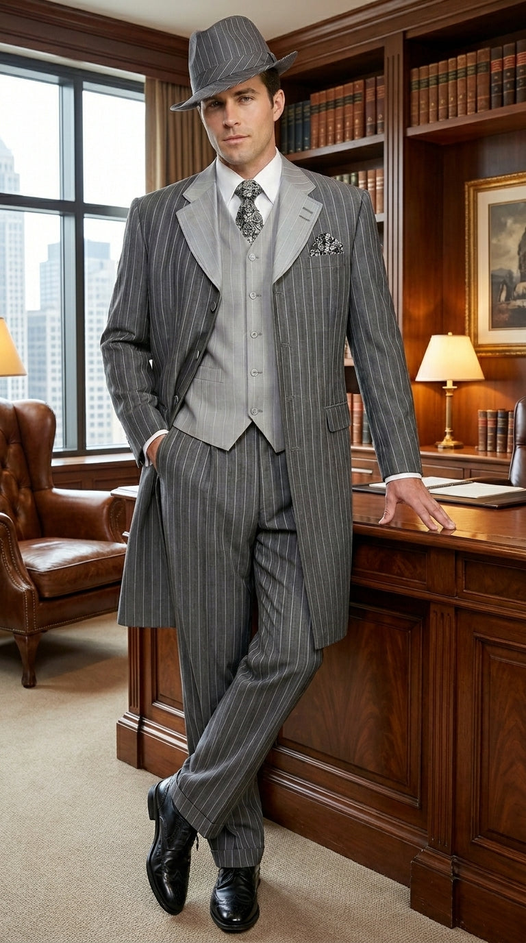 Men’s Grey Pinstripe Zoot Suit 3 Piece – 1920s Gangster Vintage Wide Lapel Suit with Vest for Wedding, Party