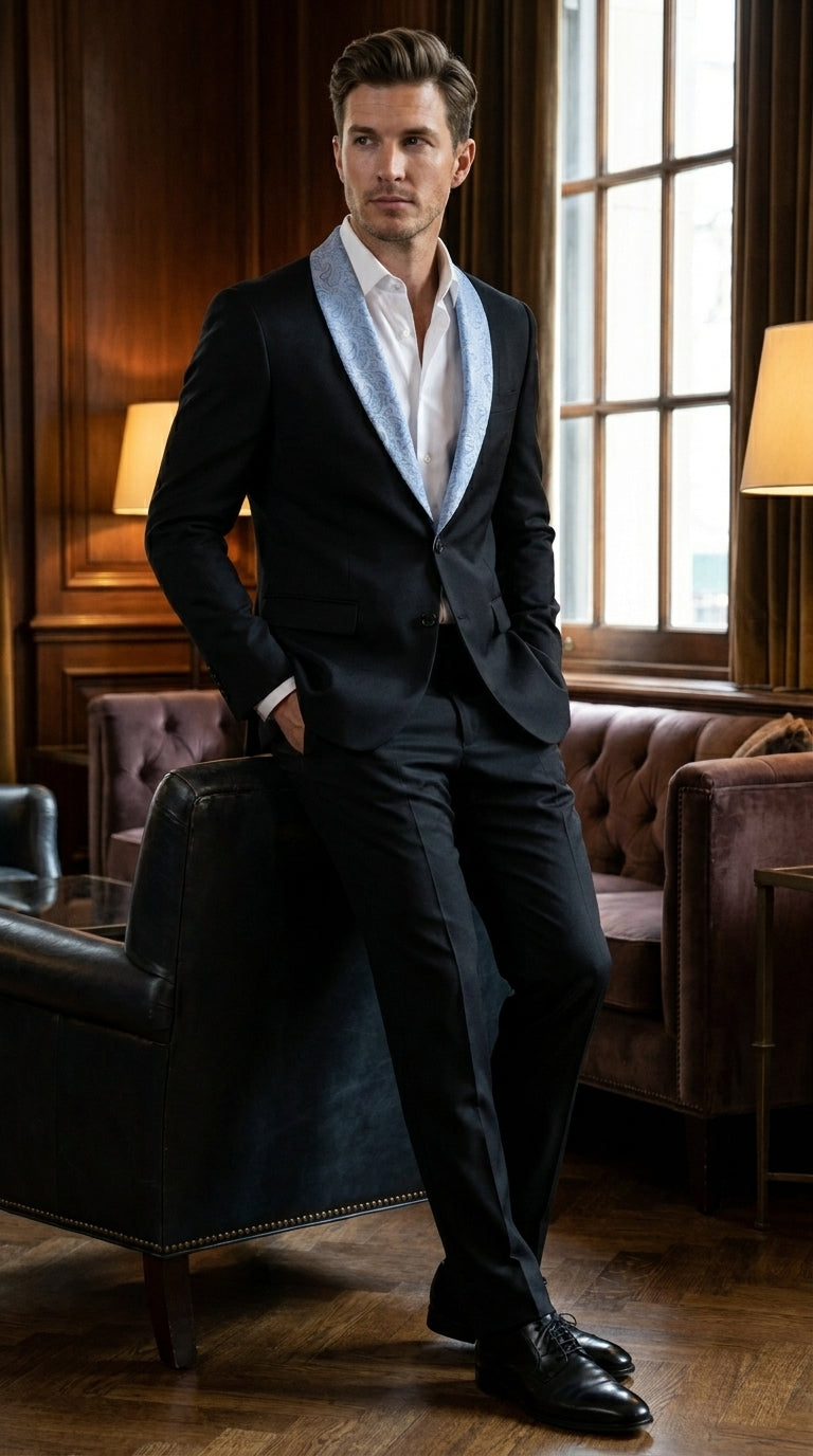 Men’s Black Suit with Light Blue Lapel – Modern Formal Tuxedo Style Suit for Wedding, Prom, Party and Sky Powder Blue Color - 34 Short or Extra Small