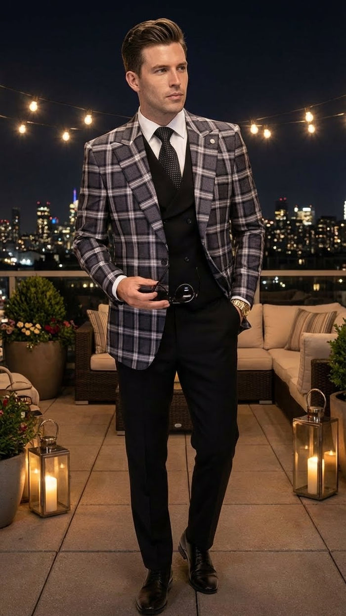 Mens Big and Tall Charcoal Gray and Black Plaid Blazer Grey Checker Windowpane Sport Coat