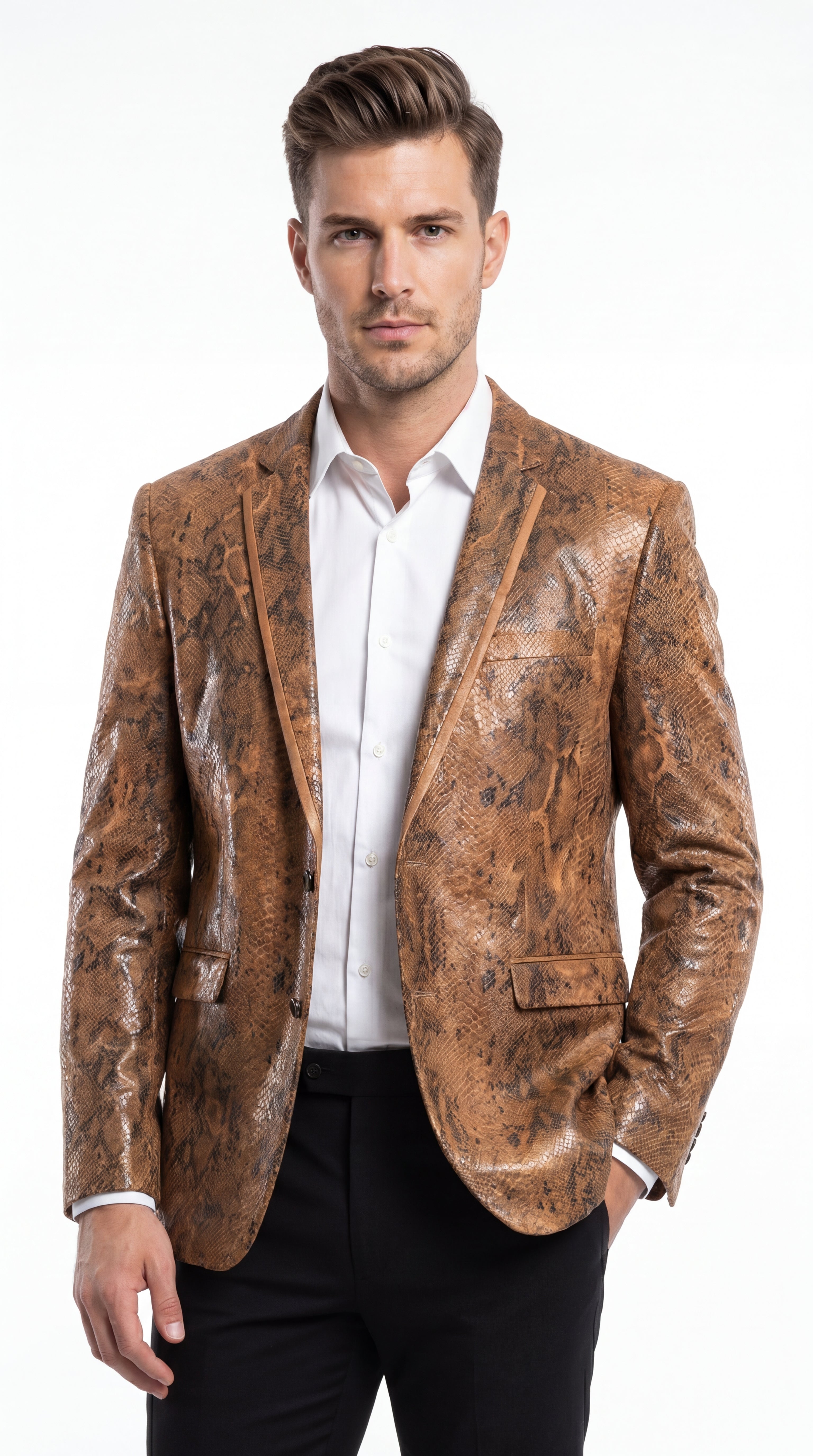 Men’s Brown Snakeskin Pattern Blazer – Stylish Exotic Print Formal Blazer Jacket for Party, Exotic Crocodile Alligator Print - 36 Short