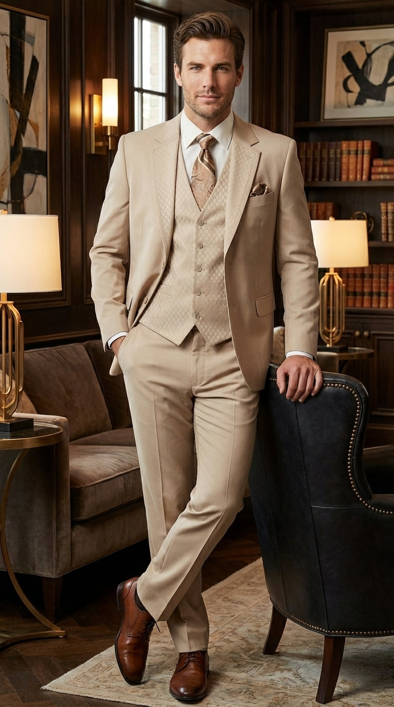 Men’s Tan Beige 3 Piece Tuxedo Suit – Beige Formal Suit Set with Vest, Patterned Lapel and Tie for Wedding, Prom in Tan Khaki Color - 34 Short or Extra Small