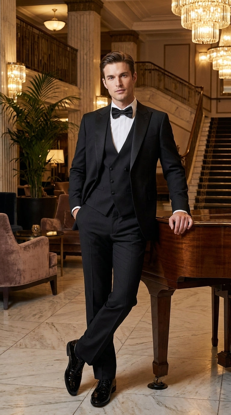 Men’s Black Boot Cut 3-Piece Tuxedo Suit – Peak Lapel Wedding, Prom and Formal Suit 1970s Style - 34 Short or Extra Small